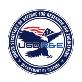 An American eagle is depicted facing to the right. Wings are horizontal, as the eagle is making an approach, swooping down to the ground. Above the eagle is an American flag with 4 stars representing the Under Secretary. The USD(R&E) acronym is superimposed on the eagle. On an encircling band is the inscription ‘Department of Defense’ and ‘Under Secretary of Defense for Research and Engineering.’ The stylized look is suggestive of modern technological advancements. The encircling band is to be dark blue with white letters.