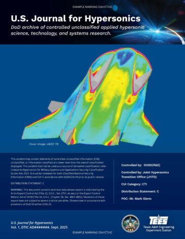 A mockup of the cover of the US Hypersonics journal front cover with a blue background and dummy text